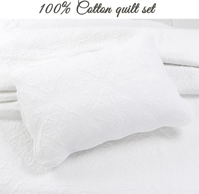 Cozy Line Home Fashions 100% Cotton Victorian Medallion Solid White Matelasse Embossed Bedding Quilt Set, Reversible Lightweight Bedspread, Coverlet for All Season (Blantyre - White, Queen - 3 piece)