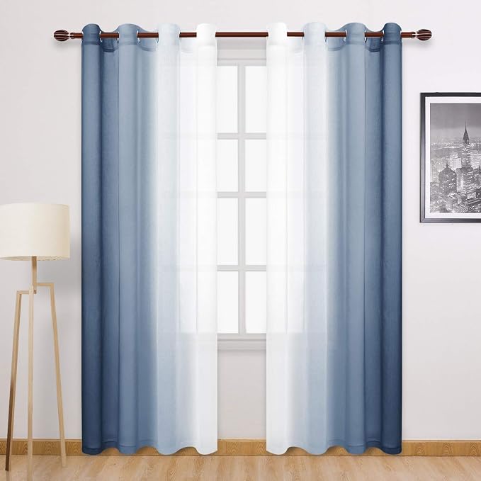 DWCN Blue Linen Ombre Sheer Curtains - Semi Voile Gradient Grommet Top Curtains for Bedroom and Living Room, Set of 2 Window Curtain Panels, 52 x 84 Inches Long, Denim Blue