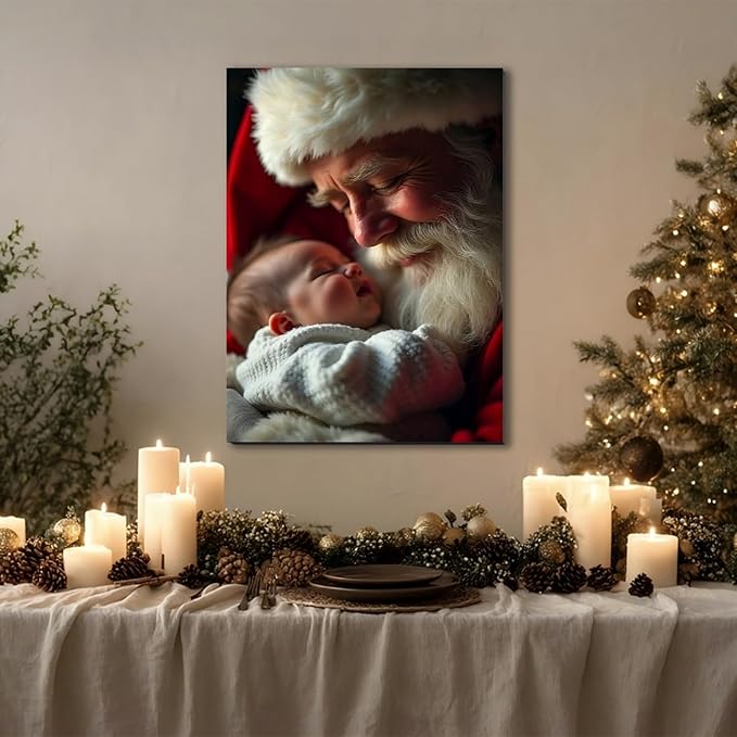 Festive Santa with Baby Christmas Canvas Poster 24x36inch - Warm Holiday Indoor Wall Decor, Framed Wall Art for Living Room, Bedroom, Dining Area & Bathroom, Christmas Home Decor