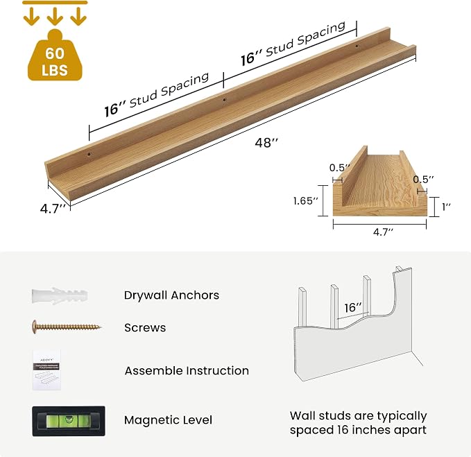 Acovy Solid Ash Wood Picture Ledge Shelf, Wood Floating Shelves Set of 2, 48 Inch Long Large Photo Ledge Shelves, Nursery Book Shelves Wall Mounted for Living Room Kids' Bedroom Decor, Natural