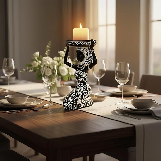 Lescafita African Lady Figurine Candle Holder with African Tribal Totem for Wedding,Church,Holiday Decor-African Decorative Women Statues, Candlestick Holder for Home and Table Decor(753-B)