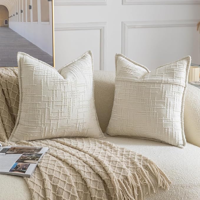 MADIZZ Pack of 2 Chenille Throw Pillow Covers 18x18 Inch Cream White Soft Neutral Decorative Throw Pillows for Couch Sofa Boho Accent Cushion Covers Modern Farmhouse Home Decor for Bedroom Living Room