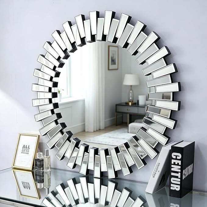 Round Mirrors for Wall Decor, 32'' Large Living Room Mirror with Beveled Edge Glass, Modern Decorative Wall Mirror for Entryway, Dining Room, Bathroom