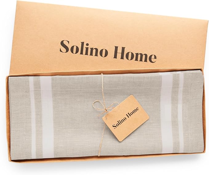 Solino Home 100% Pure Linen Table Runner, 14 x 36 in, White, French Stripe | a graceful centrepiece for dining and gatherings, woven stripe, European flax fibres, machine washable, OEKO-TEX Certified