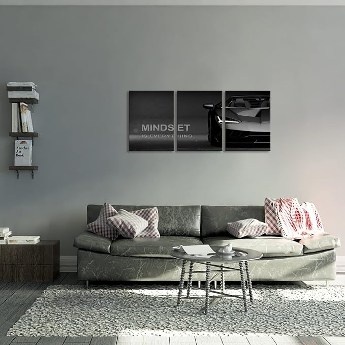 KAWAHONE Motivational Canvas Wall Art Lamborghini Posters Prints Entrepreneur -Mindset is Everything-Office Decor Set 3 Pieces Motivational Wall Art Canvas Print Inspirational Quote Ready to Hang