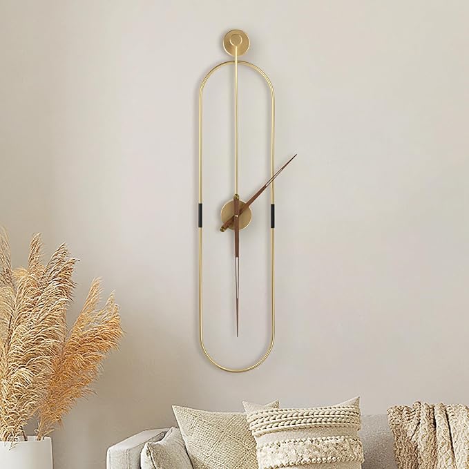 DRELIFAM Modern Oval Wall Clock Large Wall Clock with Walnut Pointers for Living Room Home Decor Bedroom Kitchen Office (Oval Gold, Large)