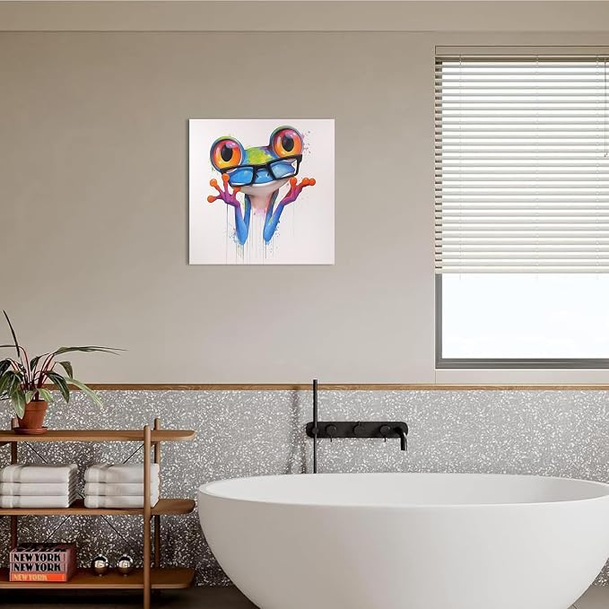 Ypxzzj Colorful Frog Canvas Wall Art for Bedroom Nursery Kids Room Living Room, Cute Animal Frog with Glasses Paintings Pictures for Home Decor, Modern Artworks Framed Ready to Hang