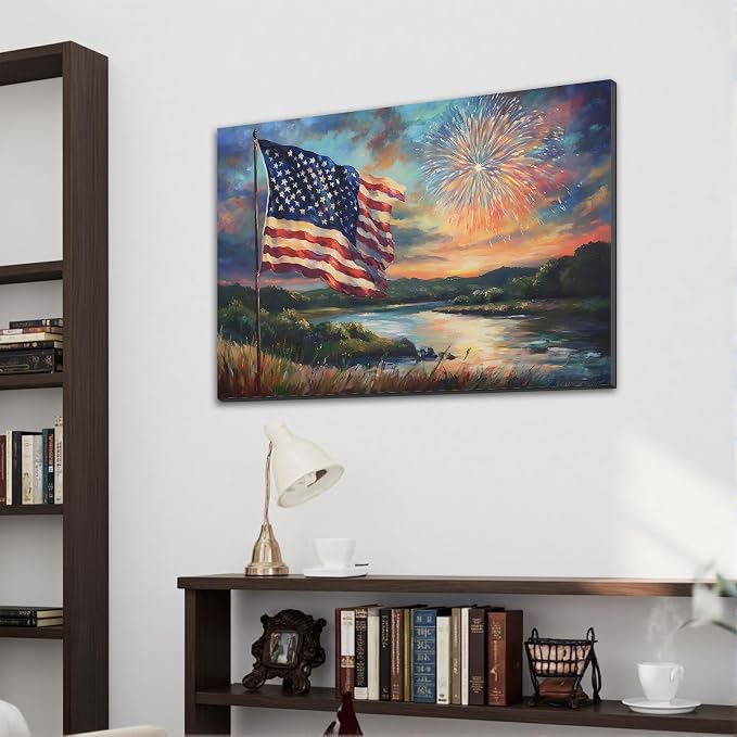 Framed American Flag Sunset Fireworks Wall Art, Patriotic 4th of July Canvas Art Pictures, USA Flag Wall Decor for Living Room Man Cave Bar, Ready to Hang Made in USA