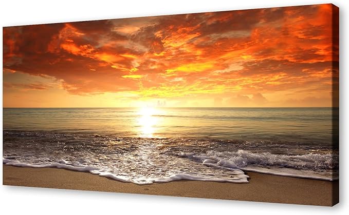 Baisuart-S0198 Canvas Prints Wall Art Sunset Ocean Beach Pictures Photo Paintings for Living Room Bedroom Home Decorations Modern Stretched and Framed Seascape Waves Landscape Giclee Artwork