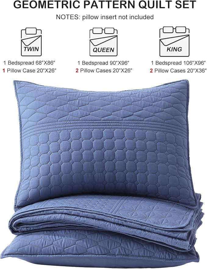 HORIMOTE HOME Denim Blue Twin Size Quilt Set - Soft Microfiber Bedspread with 1 Sham, Lightweight & All-Season Geometric Coverlet for Cozy Bedding