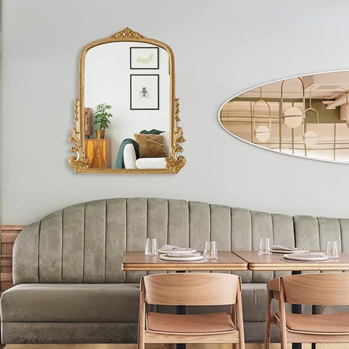 Gold Arched Mirror (15.9 * 19.8 inches) Ornate Baroque Arch Wall Mirror-for Living Rooms, Hallways, Fireplaces, Bathrooms, Entryways