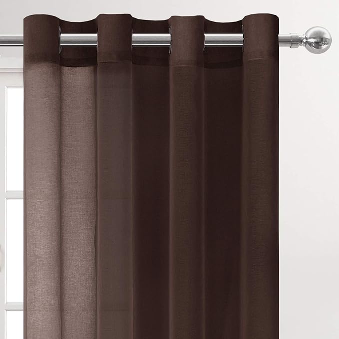 DWCN Brown Sheer Curtains Linen Look Semi Transparent Voile Grommet Curtains for Living Room Bedroom Drapes 52 x 90 inches Long, Set of 2 Panels