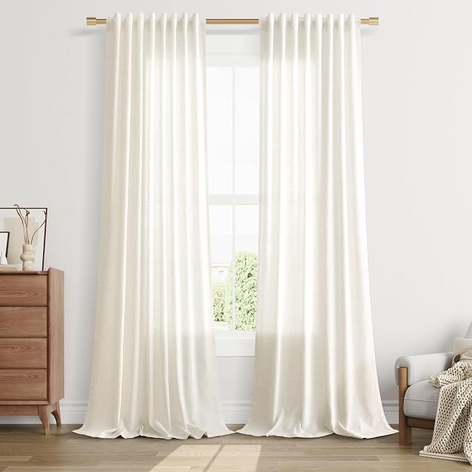 60 Inch Wide Linen Curtains 96 Inches Long, Natural Light Filtering Faux Linen Textured Farmhouse Panels Semi Sheer Back Tab and Rod Pocket Boho Drapes for Living Room, 2 Panels 60x96