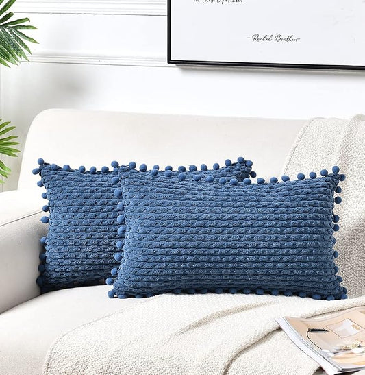 Fancy Homi Set of 2 Dusty Blue Lumbar Decorative Throw Pillow Covers 12x20 Inch with Pom-poms for Couch Bed Sofa, Farmhouse Boho Home Decor, Soft Plush Corduroy Cute Rectangle Cushion Case 30x50 cm
