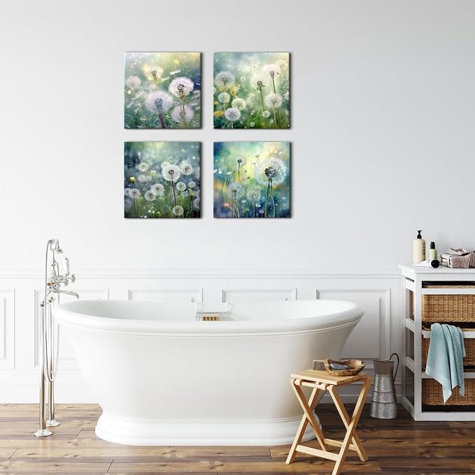 Dandelion Canvas Wall Art Modern Landscape Wall Decor for Bedroom White Dandelion Flower Painting Living Room Bathroom Pictures Natural Scenery Posters Kitchen Dinner Room Home Decoration 16x16" 4 Pcs