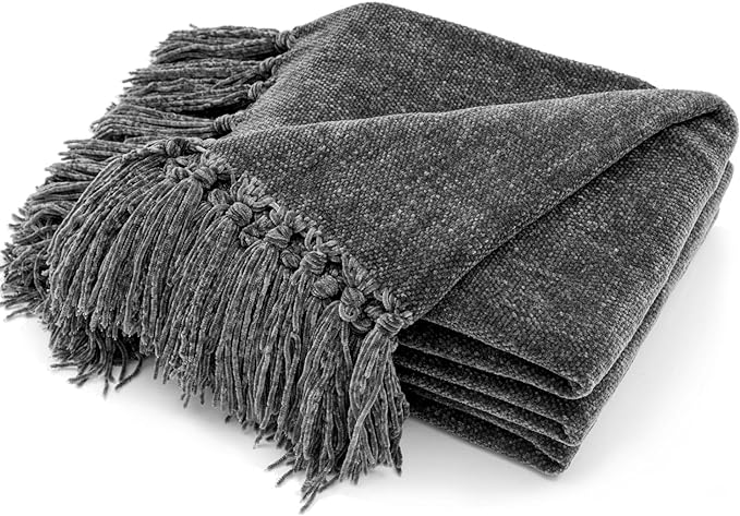 RECYCO Chenille Throw Blanket for Couch, 50"x60", Dark Gray | Super Soft Knit Throw Blanket with Fringe Tassels, Lightweight Knitted Throw, Cozy, Ideal for Sofa Chair Bed Living Room Gift