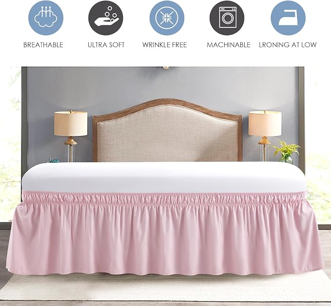 FreshCulture Elastic Wrap Around Bed Skirt - Queen Size, Easy Fit with 15-Inch Tailored Drop, Hotel Quality Dust Ruffle in Dusty Pink