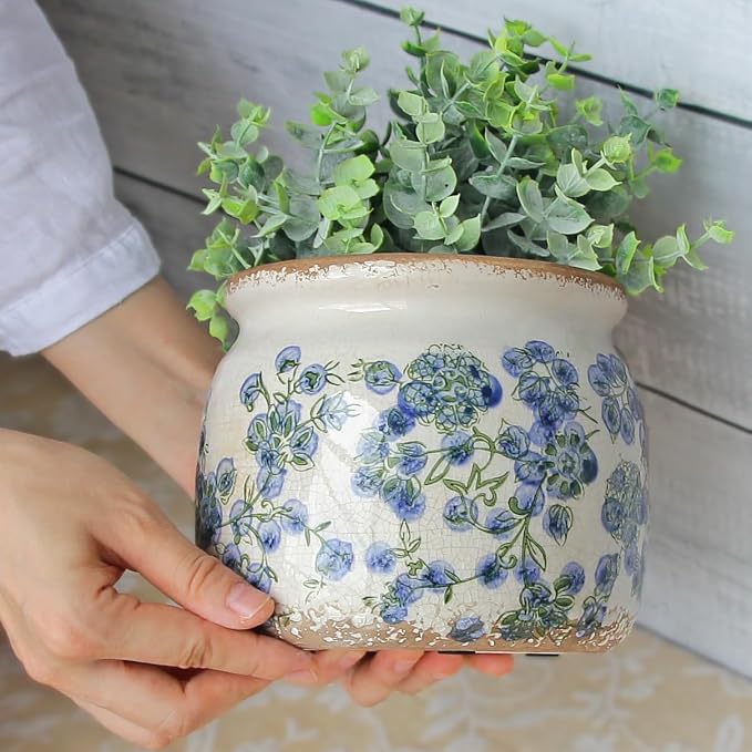 Vintage Cottage Ceramic Planters, French Flower Pot & Vase with Drainage | 6.29" Rustic Country Crackle Glaze Plant Pots for Indoor/Outdoor, Blue and Green Floral Vases, Home Decor Gifts