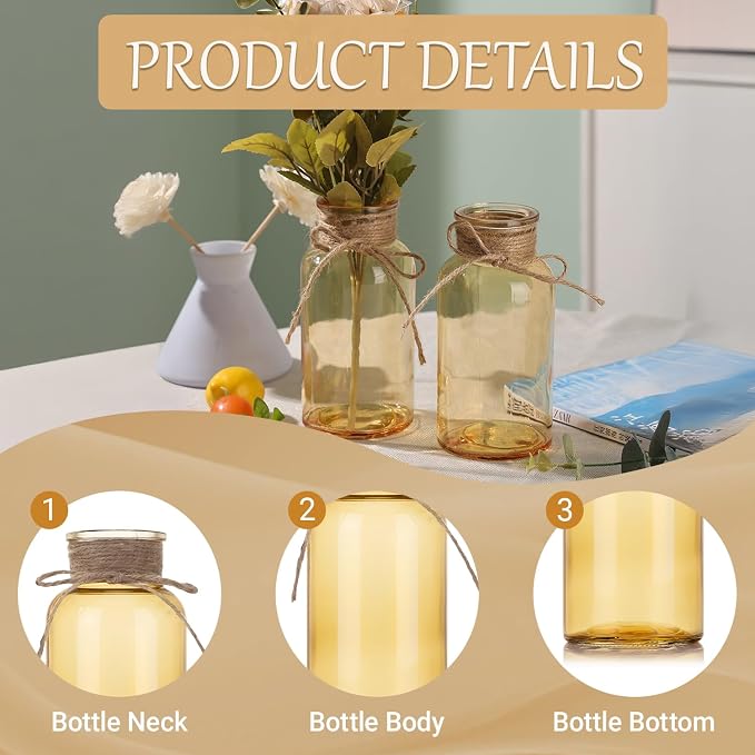Mason Jar Glass Vases 12 Pack, Gold Flower Vase for Centerpieces | Rustic Farmhouse Home Decor, Bud Vase with Twine, Wedding Table Decoration, Boho Floral Arrangement, Vintage Jars Bulk