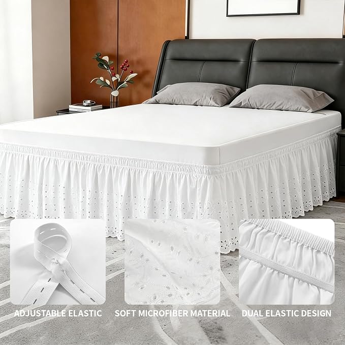 ANARACHON King Bed Skirt, Wrap-Around Elastic Ruffled Eyelet Bed Skirt King Size Dust Ruffle with Gathered Styling and Embroidered Details, 14" Drop Length (White)