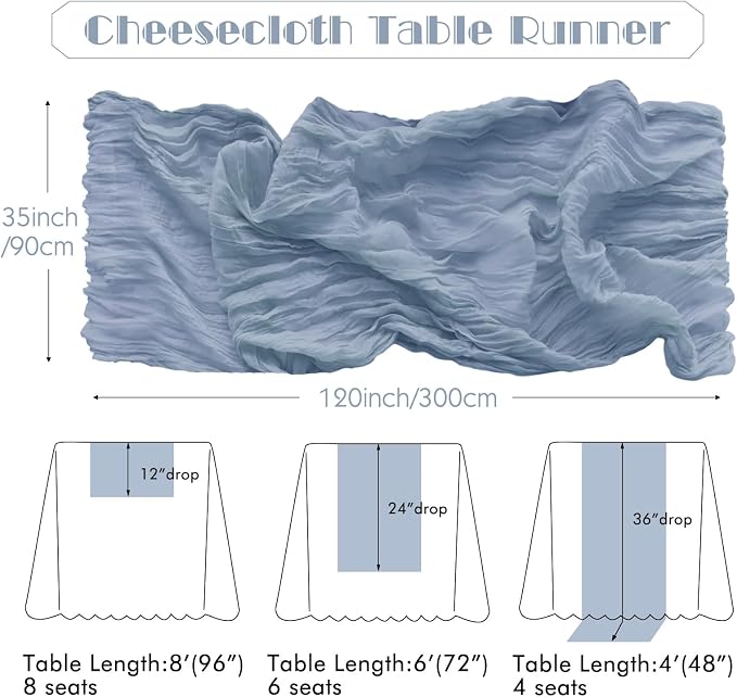 IVAPUPU Dusty Blue Table Runner 120 Inches for Birthday Party Home Decor | 6 Pcs Boho Gauze 10FT Cheesecloth Table Runners for Wedding Baby Shower Decorations Summer Garden Farmhouse