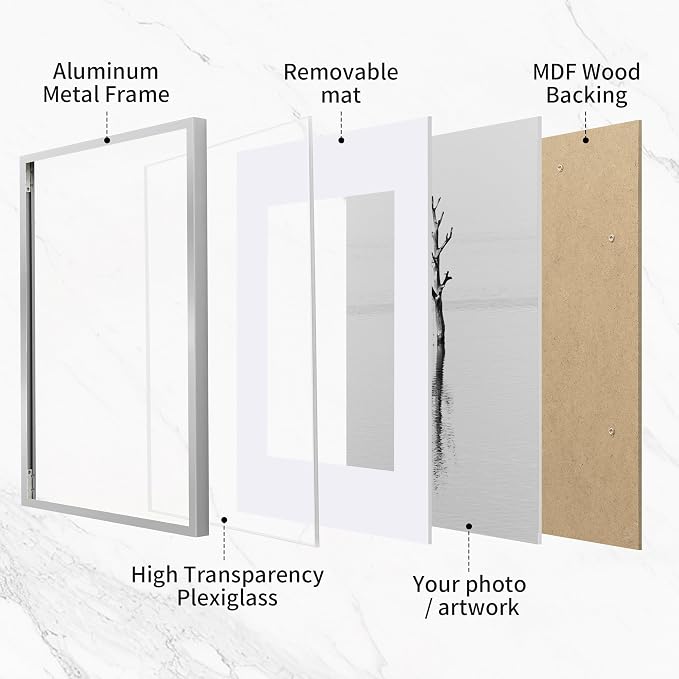 Fun Memories 6x8 Metal Picture Frame - 6 x 8 Aluminum Photo Frames with 5x7 Removable Mat- Ideal for Wall or Tabletop Display - Wall Hook Hanging Hardware Included (Silver, 1 Pack)