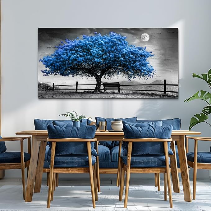 FUHAIHUA Canvas Wall Art For Living Room Large Wall Decor For Office Bedroom Decorations Black And White Landscape Pictures Blue Tree Painting Artwork Room Wall Mural Aesthetic Home Decor 30x60 In