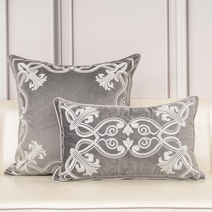 Aeckself European Floral Pillow Cover 20x20 Inch, Luxury Velvet Embroidered Decorative Throw Pillow Cover for Couch Bedroom Living Room, Grey and White