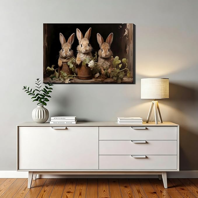 Farmhouse Easter Bunny & Floral Canvas Art 16x24, Rustic Rabbit Poster Prints Wall Decor for Bathroom, Living Room, Home Office, Bedroom, Spring Bunny Wall Art Holiday Decoration
