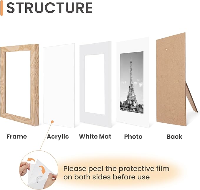 upsimples 5x7 Picture Frame Set of 10, Display Pictures 4x6 with Mat or 5x7 Without, Multi Photo Frames Collage for Wall or Tabletop Display, Natural