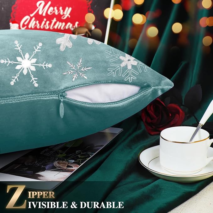 BRAWARM Christmas Pillow Cover 12 X 20 Inches, Teal Snowflake Embroidered Lumbar Pillow Cover, Soft Velvet Decorative Throw Pillow for Couch Bed Sofa Living Room Home