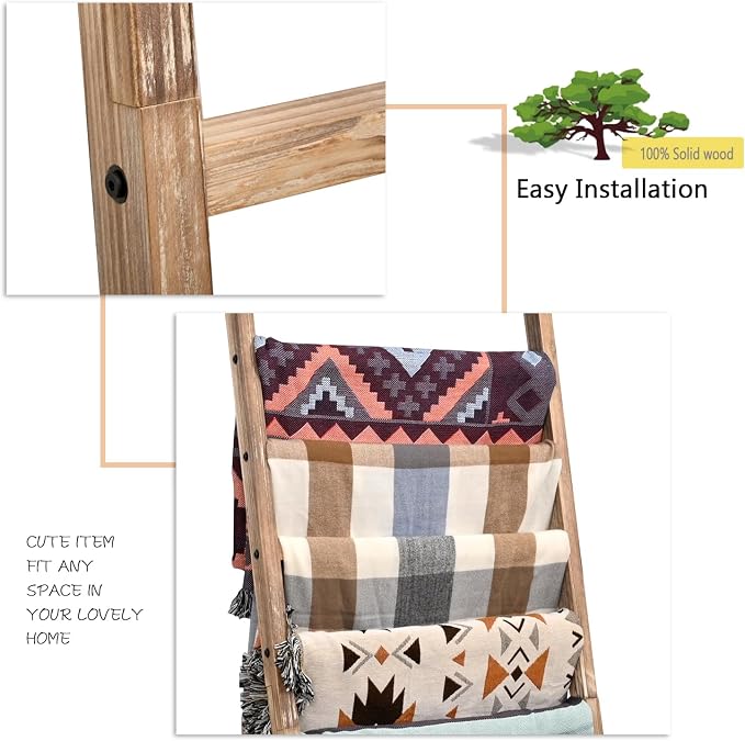 FUIN Blanket Ladder, 24 in Wide 11-Rung Wood Rustic Decor Rack | 11 rungs and 24in wide, Solid wood visible grain, Angled lean-to design, Anti-slip support, Living room and bathroom use
