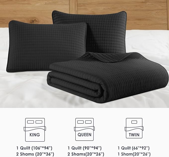 Queen Quilt-Lightweight Bedspreads Black Queen Size Quilt Bedding Set | Soft Coverlet with 2 Pillow Shams for All Seasons, Suitable for Bed, Couch, 3 Pieces, 90"x94"