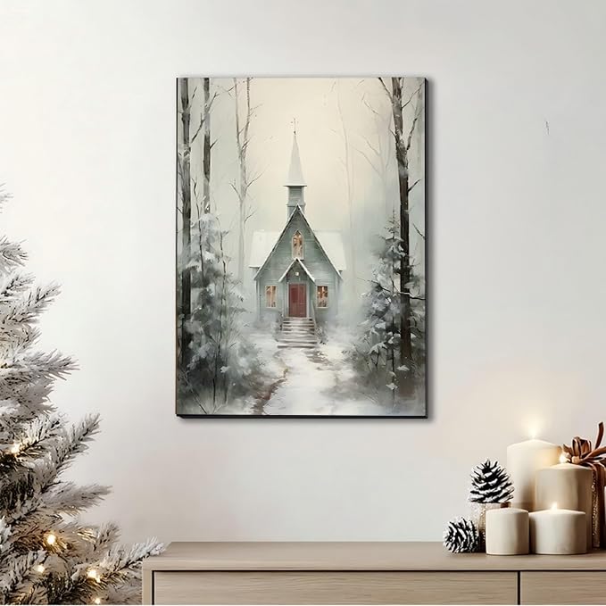 Winter Cabin Wall Art Poster Print 24x36inch, Snowy Forest Scene Art, Framed Christmas Prints – Christmas Canvas for Living Room & Bedroom, Christmas Decorations, Holiday Wall Decor
