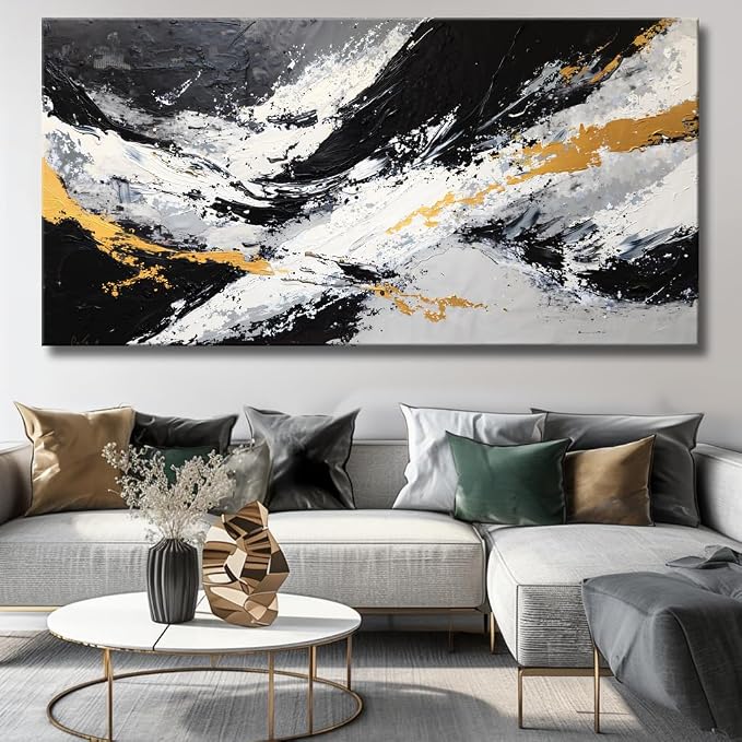 Large Abstract Black and Gold Ink Splatter Wall Art Stylish Framed Canvas Print for Living Room, Bedroom, Dining Room, and Home Office Modern Ready to Hang Home Decor - 24"x48"