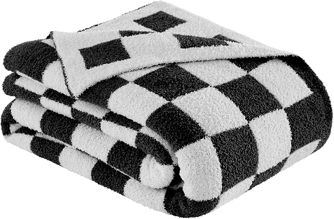 Checkered Throw Blanket for Couch, Soft Cozy Warm Knitted Blankets | Lightweight Fuzzy Travel Warm Decor for Women, Mom, Girls, Sofa, Chair, 50x70in, Black