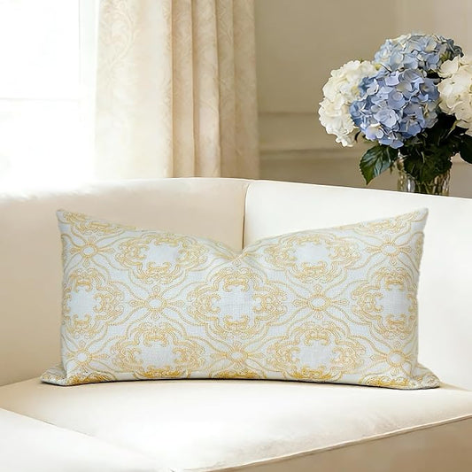 Slow Cow Linen Embroidery Decorative Lumbar Throw Pillow Cover Rectangular Pillowcase Cushion Cover 12 x 24 Inches Yellow Gold