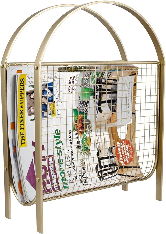 MyGift Mid Century Brass Tone Metal Mesh Magazine Rack Storage Basket | Freestanding Tabletop Organizer, Keeps Reading Materials Accessible, Open Wire Construction, Space Saving, Living Room Décor