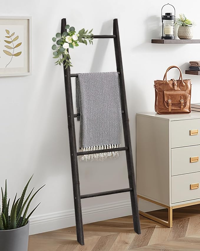 XLHOMO 5-Tier Wooden Blanket Ladder, 63" Rustic Leaning Blanket Rack for Living Room, Decorative Quilt and Towel Holder for Bedroom Bathroom Farmhouse Home Decor, Black