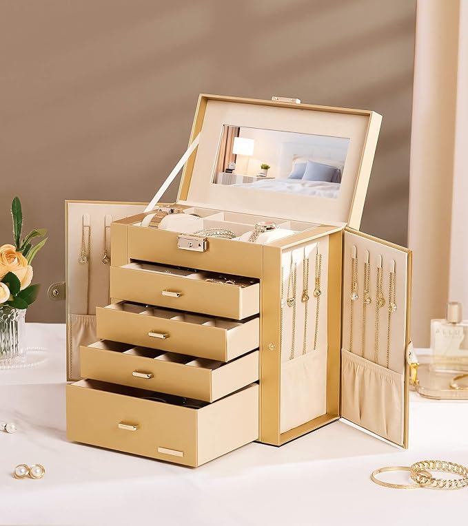 Homde Large Jewelry Box for Women: 5-Layer Organizer with Lock for Dresser | Separated Storage for Necklace Earring Ring Watch to Sort Daily Jewelry - Keep Vanities Tidy - Suitable for Birthday Gift
