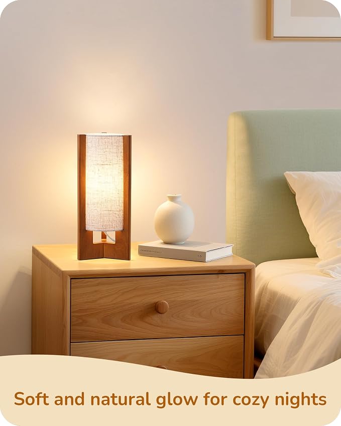 EDISHINE 13.5" Small Table Lamp, Walnut Wood Cylinder Nightstand Lamp, E26