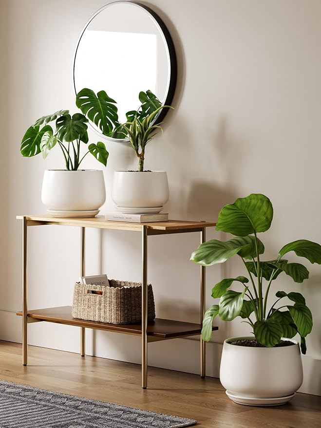 LE TAUCI Ceramic Planter, 10 Inch Plant Pot with Drainage Hole & Saucer – Durable Indoor Planter for Modern Home Decor, White