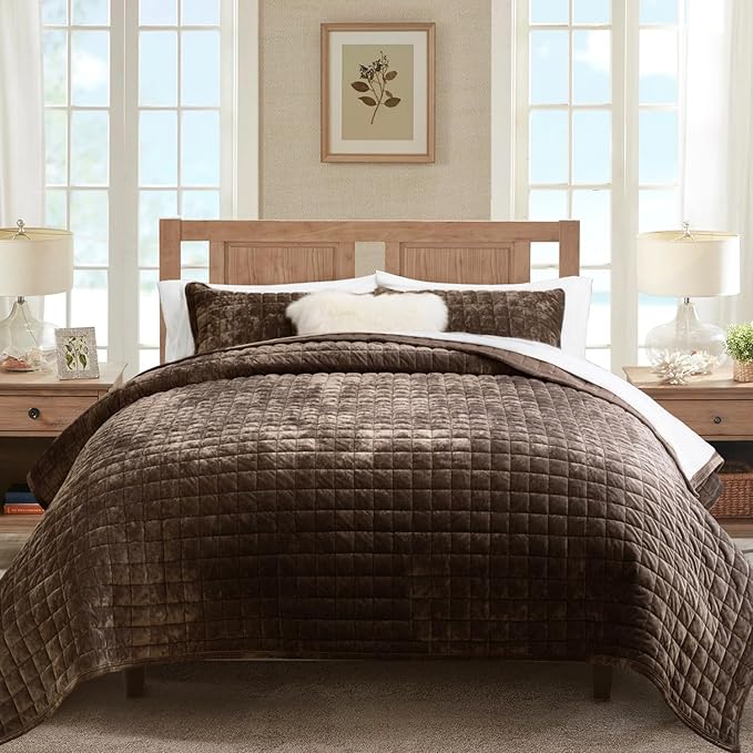RECYCO Velvet Quilt Set, Oversized California King 118"x106", Walnut Brown | Channel Box Stitch Velvet Comforter Set, Ultra Soft Lightweight Bedspread Coverlet, All Season Bedding Set, with 2 Shams