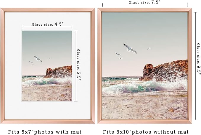 Frametory 8x10 Rose Gold Aluminum Metal Picture Frame Mat for 5x7 Glass