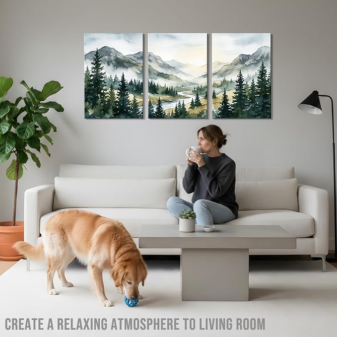Large Forest Canvas Wall Art for Bedroom Living Room - 3 Piece Greenery Sunrise Mountain Landscape Pictures, Nature Wall Decor for Master Bedroom Office, Abstract Trees Painting Prints, Gallery Wrapped 16x24 Inch