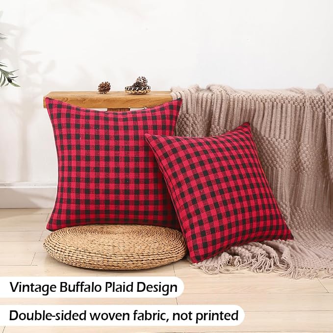 Red and Black Outdoor Christmas Gingham Plaid Pillow Covers 20x20 Set of 2 | Winter Christmas Plaid Decor Pillow Cover 20 x 20, Vintage Farmhouse Red Christmas Decor, Fundas Para Cojines De Sala Navidad