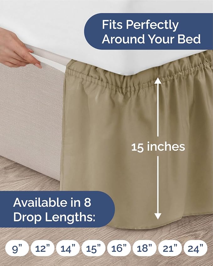 Wrap Around Dust Ruffle Bed Skirt, Queen Size Beds - 15 Inch Drop, Khaki | Easy Fit Elastic Strap, Adjustable Pleated Bedskirt w/Brushed Fabric, Wrinkle & Fade Free, for Women, Men, Kids & Teens