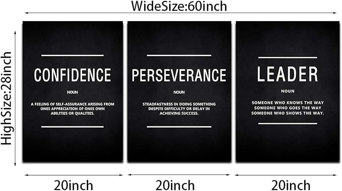 KAWAHONE Large Motivation Posters for Office, Inspiration Leader Confidence Perseverance Quotes Success Canvas Wall Art Framed Positive Sayings Wall Hanging for Home Office Workplace -20''x 28''x 3PCS