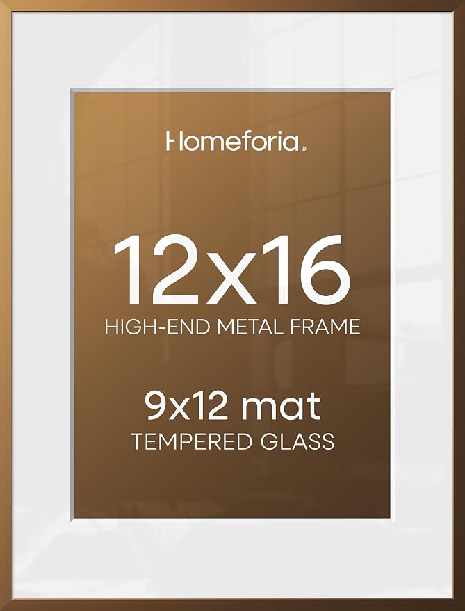 Homeforia 12x16 Bronze Picture Frame, High-End Metal, 9x12 Mat, Glass