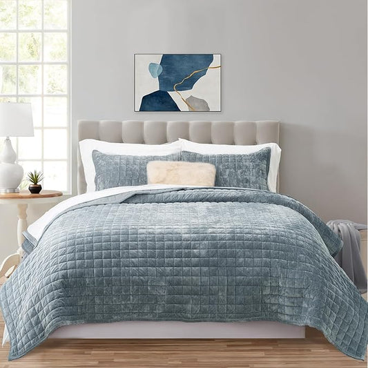 RECYCO Velvet Quilt Set, Oversized California King 118"x106", Blue Linen | Channel Box Stitch Velvet Comforter Set, Ultra Soft Lightweight Bedspread Coverlet, All Season Bedding Set, with 2 Shams